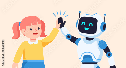 Happy little girl giving high five to friendly robot, celebrating technological advancement and human-robot interaction, cheerful cartoon illustration.