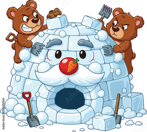 Two funny cartoon bears are building a snow igloo with Santa's face