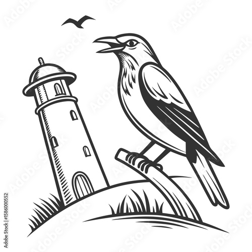 Stylized black and white illustration capturing a serene coastal scene featuring a lighthouse and a perched bird with a flying seagull in background