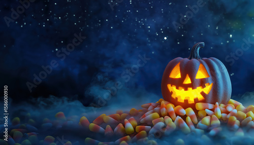 Jack-o-lantern glowing orange in a pile of candy corn under a dark, starry night sky with mystical fog for Halloween.