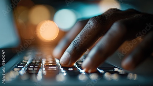 Close-up of dark hands typing on laptop keyboard at night