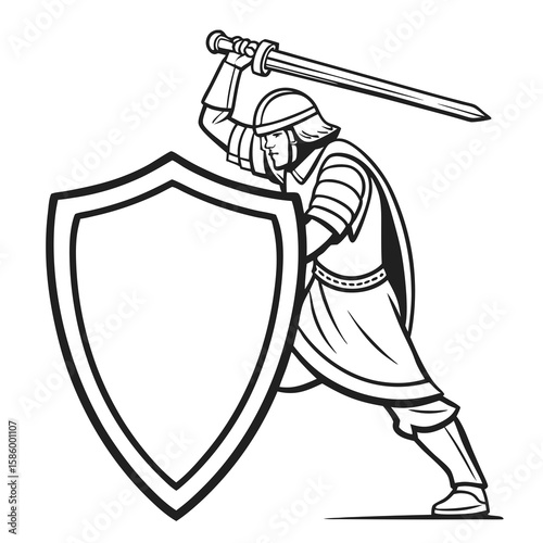Simple Line Drawing of a Medieval Knight in Armor with a Sword and Shield Ready for Battle in an Ancient Warfare Scene