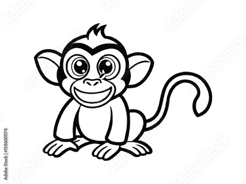 Cute cartoon monkey with big eyes and a wide smile sitting down isolated on white background
