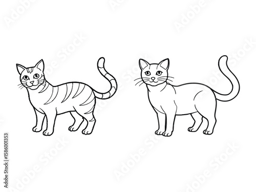 Two stylized line art cats one tabby patterned and one plain isolated on white background
