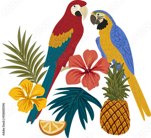 print with macaws, pineapple, orange fruits, foliage and flowers