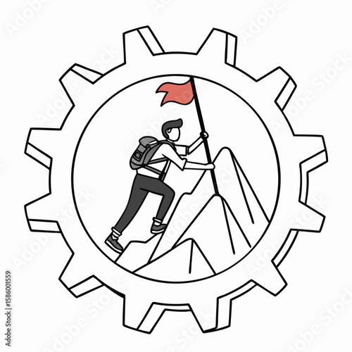 Innovative Illustration of a Mountain Climber Inside a Gear Symbolizing Progress and Engineering Challenges