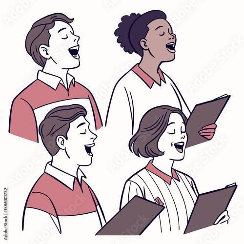 diverse group of four people engaging in a lively vocal activity, expressing joy and teamwork in a collaborative learning or performance setting