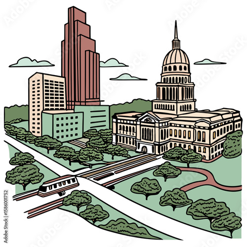 Stylized cityscape illustration showcasing a blend of historic and modern architecture with surrounding greenery and transportation elements