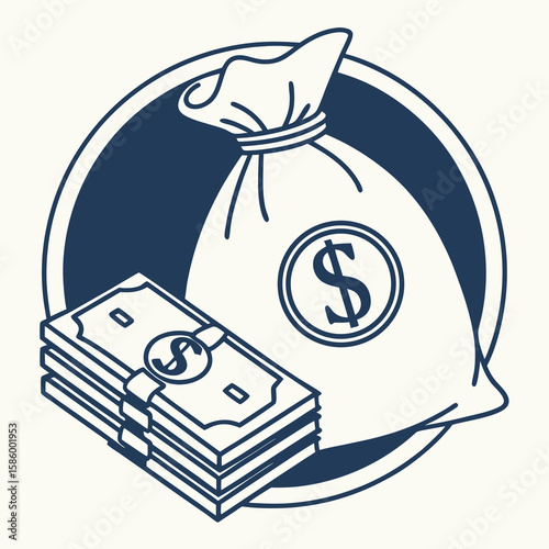 Financial growth and wealth management concepts illustrated with money bag and stacks of cash in a modern minimalistic line art style emphasizing
