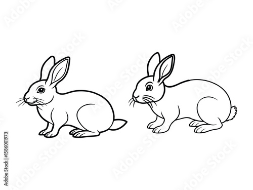 Two cute cartoon rabbits sitting side by side with simple outline drawing isolated on white background
