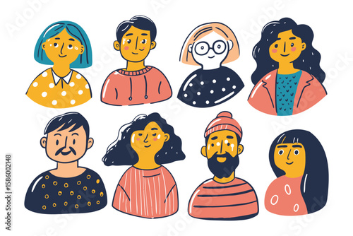 Diverse Faces, Unified Style: A captivating illustration showcases a variety of unique individuals, each brought to life with bold lines and vibrant colors.