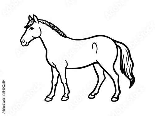 Simple black outline drawing of a horse standing gracefully isolated on white background
