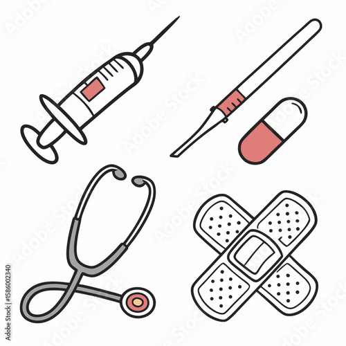 Medical Instruments and Supplies Illustration Featuring Syringe Thermometer Pills and Bandages for Healthcare Contexts