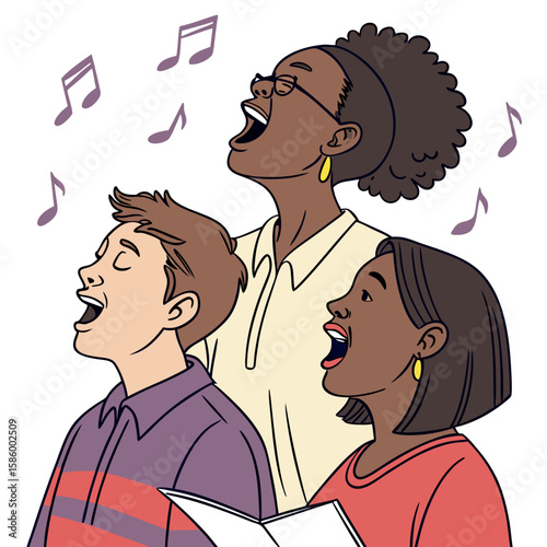 Joyful diverse group of people singing together passionately with musical notes floating in the air capturing harmonious communal experience
