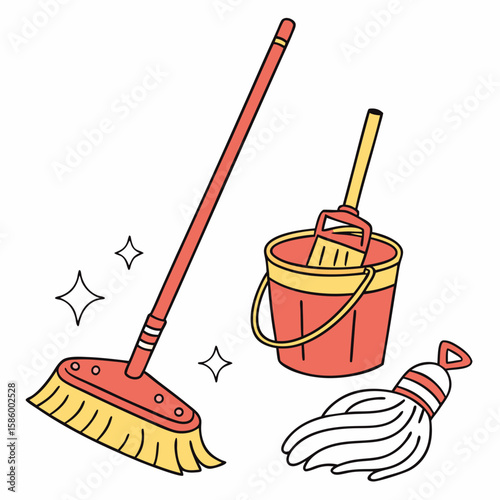 Colorful Cleaning Tools Set Featuring Broom Dustpan and Brush for Home Maintenance and Organization Activities