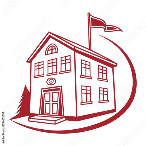 Simplified Illustration of a Traditional Schoolhouse with Flagpole and Surrounding Nature Elements in a Minimalist Line Art Style for Educational or