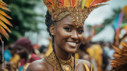 Smiling woman in elaborate gold costume and headpiece during vibrant street parade at Barbados Crop Over Festival celebration