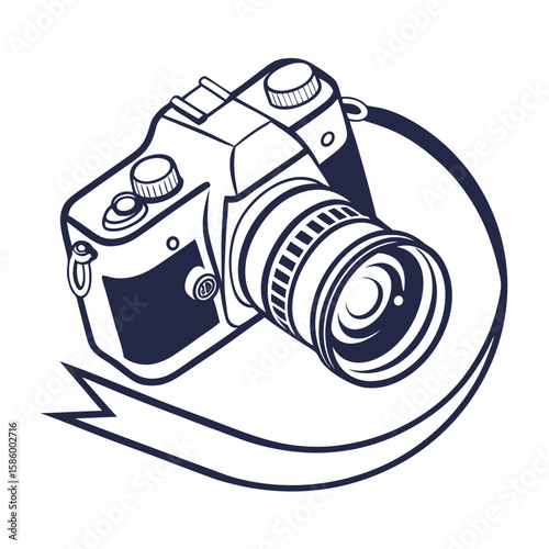 Line art illustration of a professional digital camera with detailed lens and ergonomic features in monochrome style for photography enthusiasts and