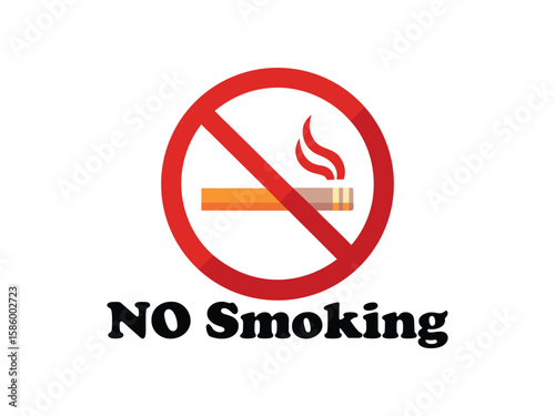 Red circle with diagonal line over cigarette symbol and text no smoking isolated on white background
