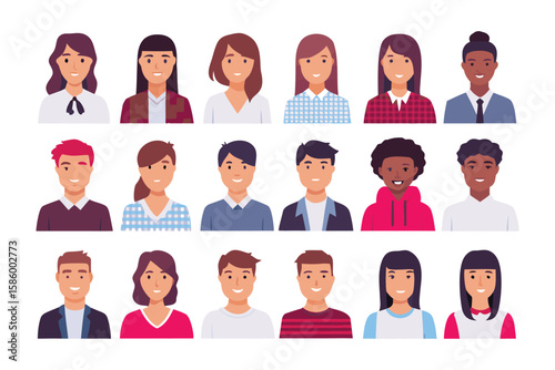 Diverse Portraits: A collection of diverse individuals, each presenting a unique expression and appearance, encapsulates the varied facets of humanity in a vivid and contemporary illustration.