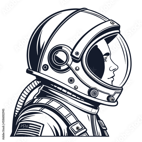 Futuristic female astronaut profile donning high-tech space helmet emphasizing human exploration and technological advancement in outer space