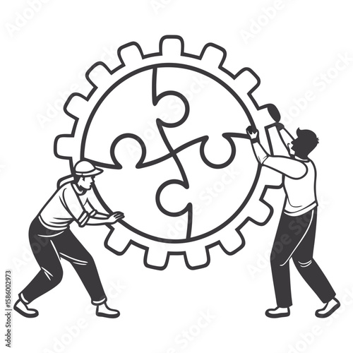 collaborative problem solving depicted by two individuals assembling interconnected puzzle pieces within a gear symbolizing teamwork and mechanical