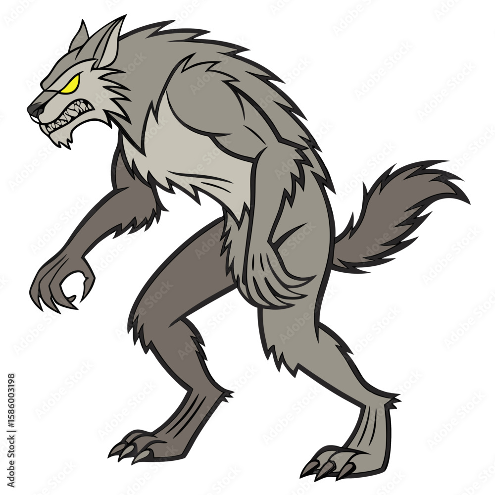 Fototapeta premium Fierce mythical wolf creature with menacing yellow eyes and rugged fur standing on a blank background highlighting fantasy beast design