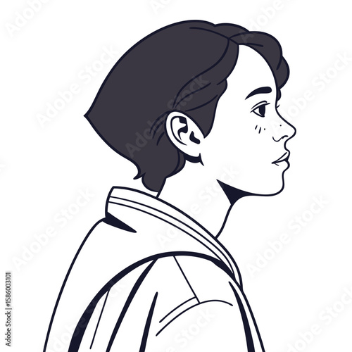 Elegant black and white digital illustration of a young woman in profile showcasing detailed facial features and stylish short hair with a