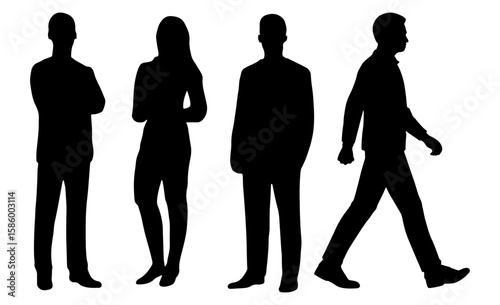 Silhouettes of four people standing and walking