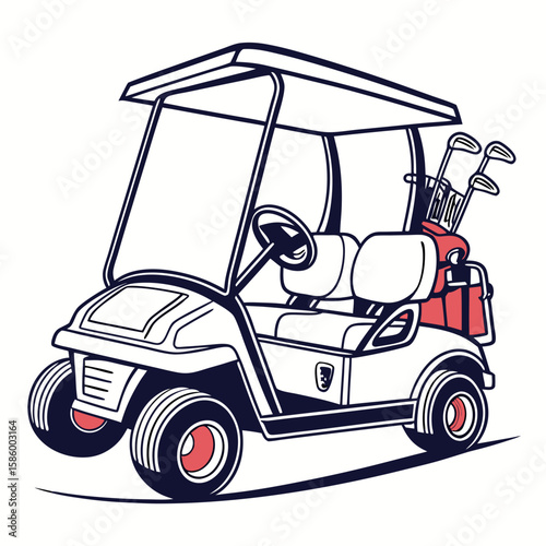 Stylized illustration of a modern electric golf cart equipped with golf clubs for outdoor leisure activities during sunny days in a vibrant setting