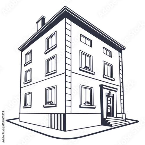 Stylized illustration of a multi-story residential building with detailed architectural elements and a classic facade design suitable for urban
