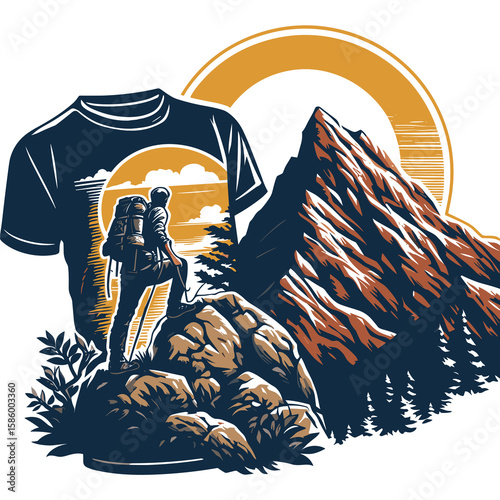 Adventure Awaits: Mountain Trekking T-shirt Design with Sunset and Scenic Landscape
