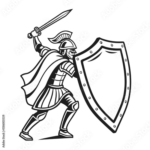 Dynamic medieval knight warrior combat scene showcasing armored fighter defending with shield and sword emphasizing strength and readiness in battle
