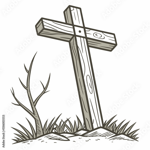 Simple wooden cross monument surrounded by natural elements symbolizing faith and remembrance in a peaceful outdoor setting
