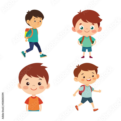 Happy cartoon boys with backpacks; cheerful school kids illustration.