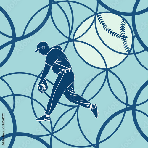 Stylized illustration of a baseball player in action amidst a modern abstract geometric background with overlapping circles and plant motifs in a
