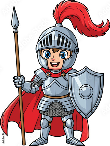 Cartoon knight character, child warrior in armor, red plume helmet, holding spear and shield, medieval hero illustration, brave defender design
