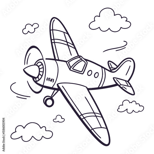 Simplified black and white line drawing of a vintage propeller airplane flying among clouds capturing aviation basics for kids and beginners