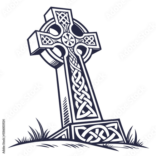 Intricate Celtic Cross with Knotwork Design and Grass Base Demonstrating Norse and Celtic Artistic Heritage in Monochrome Style Suitable for