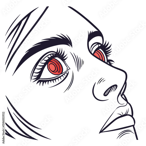 Stylized black and white illustration of a woman's face with striking red eyes capturing emotional intensity