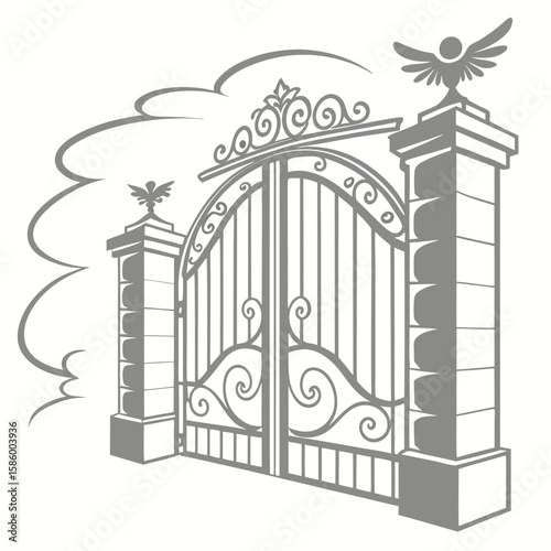 Elegant wrought iron gate with decorative scrollwork and classical stone pillars topped with bird sculptures in a sophisticated outdoor setting