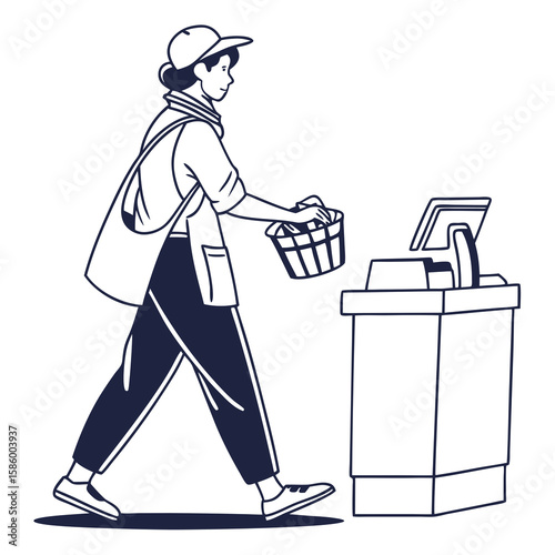 Minimalist Illustration of a Woman Shopping at a Digital Checkout with Basket and Self-Service Kiosk in Line