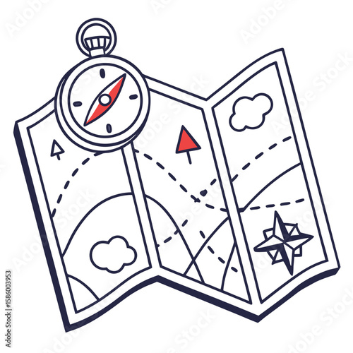 Minimalist line art illustration of a classic travel map with compass and directional symbols emphasizing navigation and exploration themes in a