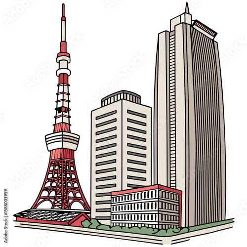 Illustration of modern city skyline featuring iconic communication tower and towering skyscrapers representing urban development and architectural