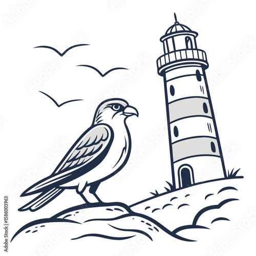 Stylized monochrome illustration of a coastal scene featuring a perched bird alongside a historic lighthouse and soaring seagulls with minimalistic
