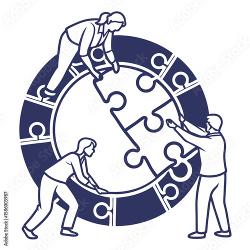 Collaborative teamwork assembling interconnected puzzle pieces within a circular clock design emphasizing unity and strategic planning for effective