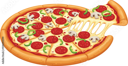 Delicious pepperoni pizza with mushrooms and green peppers, cheesy slice being pulled, tasty crust, appetizing meal, food lovers illustration