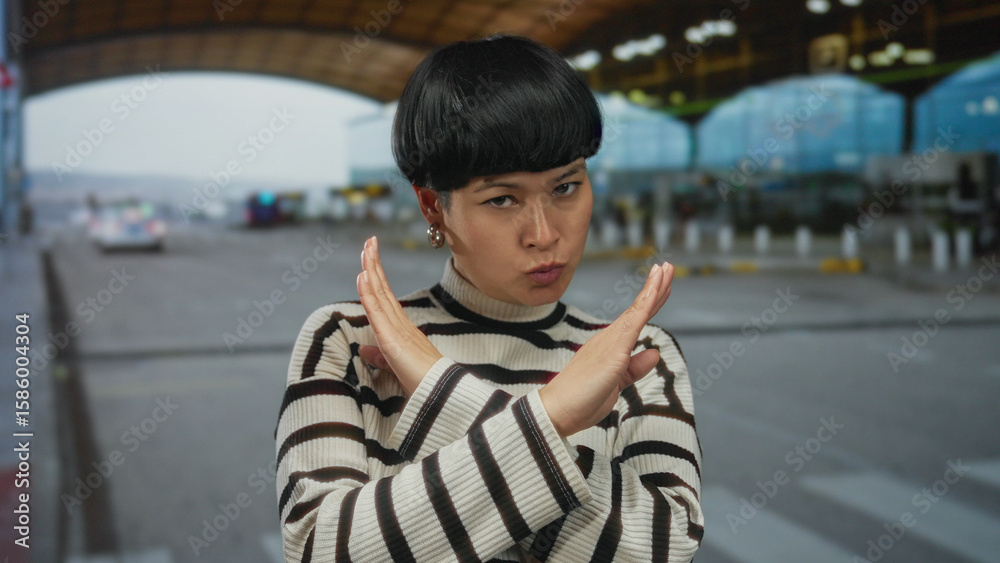 Obraz premium Woman gesturing at an airport outdoor setting, expressing displeasure with crossed arms and stern expression, wearing striped sweater in a modern open-air terminal.