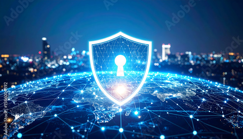 Global Network Security: Illuminated Shield over Cityscape at Night