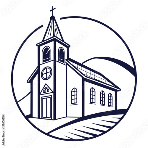 Minimalist Line Drawing of a Traditional Church with Timber Roof and Crossed Windows Emphasizing Spiritual Heritage and Architectural Simplicity